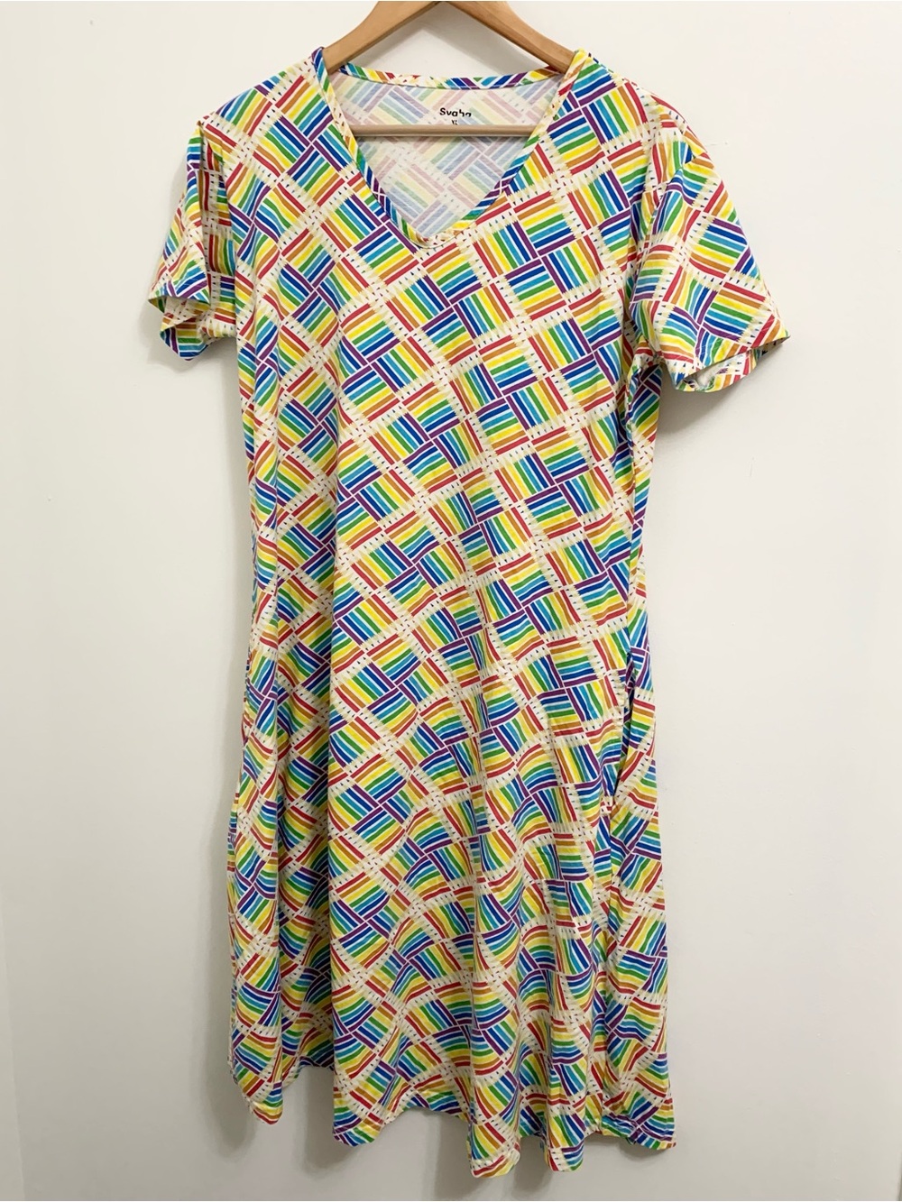 Svaha Rainbow Pencils Organic Cotton Midi Dress short sleeve 2 Pockets Womens XL